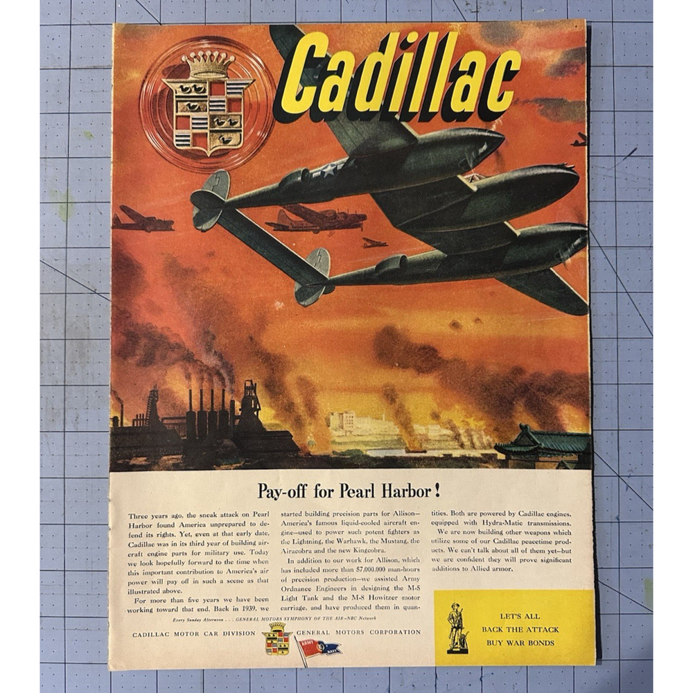 1944 Print Ad Cadillac WWII P-38 Lightning Pearl Harbor War Bonds Vintage